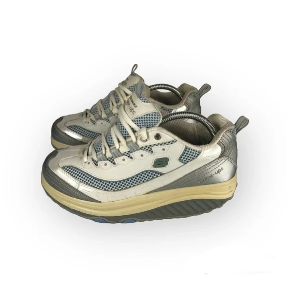 Skechers Shape-Ups Leather Walking Fitness Shoes Silver Blue Off-White Gray - Picture 4 of 13